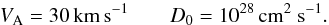 \begin{equation} V_{\rm A}= 30{\,\rm km\,s^{-1}}\qquad D_0 = 10^{28} \,\rm cm^2~s^{-1}. \end{equation}