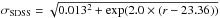 \hbox{$\sigma_{\rm SDSS}=\sqrt{0.013^2+\exp(2.0\times(r-23.36))}$}