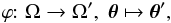 \begin{equation} \varphi\!{\colon} \Omega \to \Omega', \; \vec\theta \mapsto \vec\theta', \label{eq:phi} \end{equation}