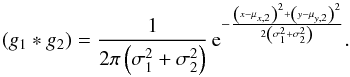 \appendix \setcounter{section}{2} \begin{equation} \label{bFf:GaussConvSimp} \left(g_1 * g_2 \right) = \frac{1}{2 \pi \left(\sigma_1^2 + \sigma_2^2\right)} \, {\rm e}^{-\frac{\left(x - \mu_{x,2}\right)^2 + \left(y - \mu_{y,2}\right)^2}{2 \left(\sigma_1^2 + \sigma_2^2\right)}}. \end{equation}