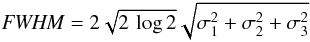 \appendix \setcounter{section}{2} \begin{eqnarray} \label{bFf:NextGaussConvSimpFWHM} {\it FWHM} = 2 \sqrt{2 \, \log 2} \sqrt{\sigma_1^2 + \sigma_2^2 + \sigma_3^2} \end{eqnarray}