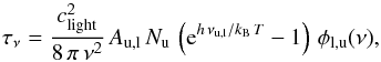 \appendix \setcounter{section}{2} \begin{equation} \label{od:tau3rdPart} \tau_{\nu} = \frac{c_{\rm light}^2}{8 \, \pi \, \nu^2} \, A_{\rm u,l} \, N_{\rm u} \, \left({\rm e}^{h \, \nu_{\rm u,l}/k_{\rm B} \, T} - 1 \right) \, \phi_{\rm l,u} (\nu), \end{equation}