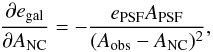 \appendix \setcounter{section}{1} \begin{equation} \frac{\partial e_{{\rm gal}}}{\partial A_{{\rm NC}}} = -\frac{e_{{\rm PSF}} A_{{\rm PSF}}}{(A_{{\rm obs}}-A_{{\rm NC}})^2}, \end{equation}