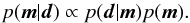 \begin{equation} p(\vec{m}|\vec{d}) \propto p(\vec{d}|\vec{m}) p(\vec{m}). \label{eq:bayes-theorem} \end{equation}