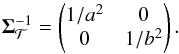 \begin{equation} \cov_\mathcal{T}^{-1} = \begin{pmatrix} 1/a^2 & 0 \\ 0 & 1/b^2 \end{pmatrix}. \label{eq:2d-inv-cov} \end{equation}