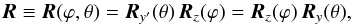 \begin{equation} \vec{R}\equiv\vec{R}(\varphi,\theta)=\vec{R}_{y'}(\theta)\,\vec{R}_{z}(\varphi) = \vec{R}_{z}(\varphi)\,\vec{R}_{y}(\theta), \label{eq:3-dim-rot} \end{equation}