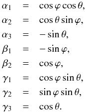 \begin{eqnarray} \alpha_1 &=& \cos \varphi \cos \theta, \nonumber \\ \alpha_2 &=& \cos \theta \sin \varphi, \nonumber \\ \alpha_3 &=& -\sin \theta, \nonumber \\ \beta_1 &=& -\sin \varphi, \nonumber \\ \beta_2 &=& \cos \varphi, \nonumber \\ \gamma_1 &=& \cos \varphi \sin \theta, \nonumber \\ \gamma_2 &=& \sin \varphi \sin \theta, \nonumber \\ \gamma_3 &=& \cos \theta. \label{eq:new-definitions} \end{eqnarray}