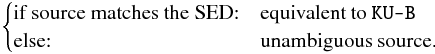 \appendix \setcounter{section}{1} \begin{eqnarray*} \begin{cases} \text{if source matches the SED:} & \text{equivalent to } \verb|KU-B|\\ \text{else:} & \text{unambiguous source.} \end{cases} \end{eqnarray*}