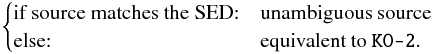 \appendix \setcounter{section}{1} \begin{eqnarray*} \begin{cases} \text{if source matches the SED:} & \text{unambiguous source} \\ \text{else:} & \text{equivalent to } \verb|KO-2|. \end{cases} \end{eqnarray*}
