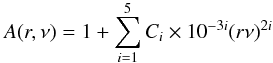 \begin{equation} A(r,\nu) = 1 + \sum_{i=1}^{5} C_i \times 10^{-3i} (r \nu)^{2i} \label{eq:beam_model} \end{equation}