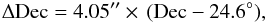 \begin{equation} \Delta\mathrm{Dec} = 4.05^{\prime\prime} \times\,(\mathrm{Dec} - 24.6^\circ), \label{eq:pointing_model} \end{equation}
