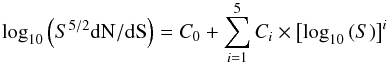 \begin{equation} \log_{10}{\left( S^{5/2} {\rm d}\mathrm{N}/{\rm d}\mathrm{S} \right)} = C_0 + \sum_{i=1}^{5} C_i \times \left[ \log_{10}{(S)} \right]^{i} \label{eq:counts_model} \end{equation}