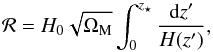 \begin{equation} {\cal{R}} = H_{0} \sqrt{\Omega_{\rm M}} \int_{0}^{z_{\star}}{\frac{{\rm d}z'}{H(z')}}, \label{eq: defshiftpar} \end{equation}