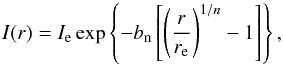 \begin{equation} I(r)=I_{\rm e}\exp\left\{ -b_{\rm n} \left[ \left( \frac{r}{r_{\rm e}}\right)^{1/n}-1\right] \right\}, \label{sersic_eq} \end{equation}