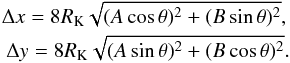 \begin{eqnarray} \Delta x = 8R_\mathrm{K}\sqrt{(A\cos \theta)^2 + (B\sin \theta)^2}, \nonumber \\ \Delta y = 8R_\mathrm{K}\sqrt{(A\sin \theta)^2 + (B\cos \theta)^2}. \label{postage_size_eq} \end{eqnarray}
