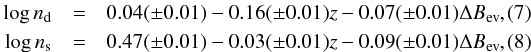 \begin{eqnarray} \log n_{\rm d} &=& 0.04(\pm0.01)-0.16(\pm0.01)z-0.07(\pm0.01)\Delta B_{\rm ev} \label{disk_one_dim} ,\\ \log n_{\rm s} &=& 0.47(\pm0.01)-0.03(\pm0.01)z-0.09(\pm0.01)\Delta B_{\rm ev} \label{sphr_one_dim} , \end{eqnarray}