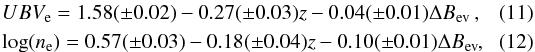 \begin{eqnarray} UBV_{\rm e} = 1.58(\pm0.02)-0.27(\pm0.03)z-0.04(\pm0.01)\Delta B_{\rm ev}\ \label{early_model_ubv},\\ \log(n_{\rm e}) = 0.57(\pm0.03)-0.18(\pm0.04)z-0.10(\pm0.01)\Delta B_{\rm ev}, \label{early_model_n} \end{eqnarray}