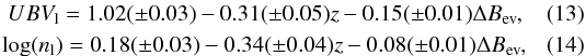 \begin{eqnarray} UBV_{\rm l} = 1.02(\pm0.03)-0.31(\pm0.05)z-0.15(\pm0.01)\Delta B_{\rm ev} \label{late_model_ubv},\\ \log(n_{\rm l})= 0.18(\pm0.03)-0.34(\pm0.04)z-0.08(\pm0.01)\Delta B_{\rm ev}, \label{late_model_n} \end{eqnarray}