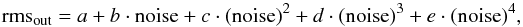 \begin{equation} {\rm rms}_{\rm out}=a+b \cdot {\rm noise}+c \cdot ({\rm noise})^{2} +d \cdot ({\rm noise})^{3} +e \cdot ({\rm noise})^{4}, \label{For1} \end{equation}