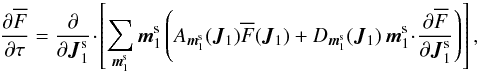 \begin{equation} \frac{\partial \oF}{\partial \tau} = \frac{\partial }{\partial \bm{J}_{1}^{\rm s}} \!\cdot\! \left[ \sum_{\bm{m}_{1}^{\rm s}} \bm{m}_{1}^{\rm s} \left( A_{\bm{m}_{1}^{\rm s}} (\bm{J}_{1}) \oF (\bm{J}_{1}) + D_{\bm{m}_{1}^{\rm s}} (\bm{J}_{1}) \, \bm{m}_{1}^{\rm s} \!\cdot\! \frac{\partial \oF}{\partial \bm{J}_{1}^{\rm s}} \right) \right] , \label{rewrite_BL_Kepler} \end{equation}