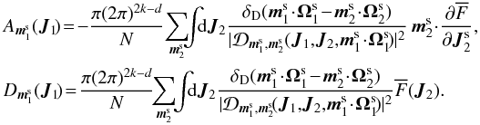 \begin{eqnarray} & & A_{\bm{m}_{1}^{\rm s}} (\bm{J}_{1}\!) \!=\! - \frac{\pi (2 \pi)^{2k -d}}{N} \!\sum_{\bm{m}_{2}^{\rm s}}\! \!\! \int \!\!\! \rd \bm{J}_{2} \frac{\delta_{\rm D} (\bm{m}_{1}^{\rm s} \!\cdot\! \bm{\Omega}_{1}^{\rm s} \!-\! \bm{m}_{2}^{\rm s} \!\cdot\! \bm{\Omega}_{2}^{\rm s})}{|\mathcal{D}_{\bm{m}_{1}^{\rm s} , \bm{m}_{2}^{\rm s}} (\bm{J}_{1} ,\! \bm{J}_{2} ,\! \bm{m}_{1}^{\rm s} \!\cdot\! \bm{\Omega}_{1}^{\rm s}\!)|^{2}} \, \bm{m}_{2}^{\rm s} \!\cdot\! \frac{\partial \oF}{\partial \bm{J}_{2}^{\rm s}} , \nonumber \\ && D_{\bm{m}_{1}^{\rm s}} (\bm{J}_{1}\!) \!=\! \frac{\pi (2 \pi)^{2k - d}}{N} \!\!\sum_{\bm{m}_{2}^{\rm s}} \!\! \int \!\!\! \rd \bm{J}_{2} \frac{\delta_{\rm D} (\bm{m}_{1}^{\rm s} \!\cdot\! \bm{\Omega}_{1}^{\rm s} \!-\! \bm{m}_{2}^{\rm s} \!\cdot\! \bm{\Omega}_{2}^{\rm s})}{|\mathcal{D}_{\bm{m}_{1}^{\rm s} , \bm{m}_{2}^{\rm s}} \!(\bm{J}_{1} ,\! \bm{J}_{2} ,\! \bm{m}_{1}^{\rm s} \!\cdot\! \bm{\Omega}_{1}^{\rm s} \! )|^{2}} \oF (\bm{J}_{2}). \label{drift_diff_Kepler} \end{eqnarray}