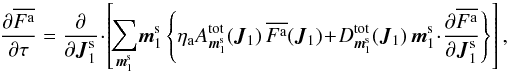 \begin{equation} \frac{\partial \oFa}{\partial \tau} = \frac{\partial }{\partial \bm{J}_{1}^{\rm s}} \!\cdot\! \left[\! \sum_{\bm{m}_{1}^{\rm s}} \! \bm{m}_{1}^{\rm s} \left\{ \eta_{\ra} A_{\bm{m}_{1}^{\rm s}}^{\rm tot} (\bm{J}_{1}) \, \oFa (\bm{J}_{1}) \!+\! D_{\bm{m}_{1}^{\rm s}}^{\rm tot} (\bm{J}_{1}) \, \bm{m}_{1}^{\rm s} \!\cdot\! \frac{\partial \oFa}{\partial \bm{J}_{1}^{\rm s}} \right\} \right] , \label{BL_multi_short} \end{equation}