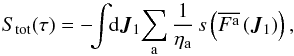 \begin{equation} S_{\rm tot} (\tau) = - \!\! \int \!\! \rd \bm{J}_{1} \, \!\! \sum_{\ra} \frac{1}{\eta_{\ra}} \, s \left(\oFa \left(\bm{J}_{1}\right)\right) , \label{definition_entropy_tot} \end{equation}