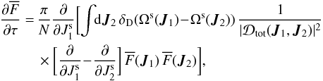 \begin{eqnarray} \frac{\partial \oF}{\partial \tau} &= &\,\frac{\pi}{N} \frac{\partial }{\partial J_{1}^{\rm s}} \bigg[ \, \!\! \int \!\! \rd \bm{J}_{2} \, \delta_{\rm D} (\Omega^{\rm s} (\bm{J}_{1}) \!-\! \Omega^{\rm s} (\bm{J}_{2})) \, \frac{1}{|\mathcal{D}_{\rm tot} (\bm{J}_{1} , \bm{J}_{2})|^{2}} \nonumber \\ && \, \times \bigg[ \frac{\partial }{\partial J_{1}^{\rm s}} \!-\! \frac{\partial }{\partial J_{2}^{\rm s}} \bigg] \, \oF (\bm{J}_{1}) \, \oF (\bm{J}_{2}) \bigg] , \label{BL_Kepler_disc} \end{eqnarray}