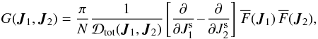\begin{equation} G (\bm{J}_{1} , \bm{J}_{2}) = \frac{\pi}{N} \frac{1}{\mathcal{D}_{\rm tot} (\bm{J}_{1} , \bm{J}_{2})} \left[ \frac{\partial }{\partial J_{1}^{\rm s}} \!-\! \frac{\partial }{\partial J_{2}^{\rm s}} \right] \, \oF (\bm{J}_{1}) \, \oF (\bm{J}_{2}) , \label{definition_G_disc} \end{equation}