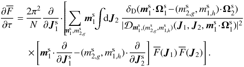 \begin{eqnarray} \frac{\partial \oF}{\partial \tau} &= & \, \frac{2 \pi^{2}}{N} \frac{\partial }{\partial \bm{J}_{1}^{\rm s}} \!\cdot\! \left[ \!\! \sum_{\bm{m}_{1}^{\rm s} , m_{2 , g}^{\rm s}} \!\! \bm{m}_{1}^{\rm s} \!\! \int \!\! \rd \bm{J}_{2} \, \frac{\delta_{\rm D} (\bm{m}_{1}^{\rm s} \!\cdot\! \bm{\Omega}_{1}^{\rm s} \!-\! (m_{2 , g}^{\rm s} , m_{1 , h}^{\rm s}) \!\cdot\! \bm{\Omega}_{2}^{\rm s})}{|\mathcal{D}_{\bm{m}_{1}^{\rm s} , (m_{2,g}^{\rm s} , m_{1,h}^{\rm s})} (\bm{J}_{1} , \bm{J}_{2} , \bm{m}_{1}^{\rm s} \!\cdot\! \bm{\Omega}_{1}^{\rm s} )|^{2}} \nonumber \right.\\ && \left.\, \times \left[ \bm{m}_{1}^{\rm s} \!\cdot\! \frac{\partial }{\partial \bm{J}_{1}^{\rm s}} \!-\! (m_{2 , g}^{\rm s} , m_{1 , h}^{\rm s}) \!\cdot\! \frac{\partial }{\partial \bm{J}_{2}^{\rm s}} \right] \, \oF (\bm{J}_{1}) \, \oF (\bm{J}_{2}) \right] . \label{BL_Kepler_3D} \end{eqnarray}