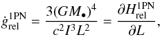 \appendix \setcounter{section}{1} \begin{equation} \dot{g}_{\rm rel}^{\rm 1PN} = \frac{3 (G M_{\bullet})^{4}}{c^{2} I^{3} L^{2}} = \frac{\partial H_{\rm rel}^{\rm 1PN}}{\partial L} , \label{1PN_precession} \end{equation}