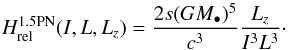 \appendix \setcounter{section}{1} \begin{equation} H_{\rm rel}^{\rm 1.5PN} (I , L , L_{z}) = \frac{2 s (G M_{\bullet})^{5}}{c^{3}} \frac{L_{z}}{I^{3} L^{3}}\cdot \label{definition_H_rel_1.5} \end{equation}