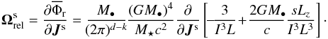 \appendix \setcounter{section}{1} \begin{equation} \bm{\Omega}^{\rm s}_{\rm rel} = \frac{\partial \oP_{\rr} }{\partial \bm{J}^{\rm s}} = \frac{{M_{\bullet}}}{\!(2 \pi)^{d -k}\!} \frac{(G M_{\bullet})^{4}}{{M_{\star}} c^{2}}\frac{\partial}{\partial \bm{J}^{\rm s}} \left[ \!-\! \frac{3}{I^{3} L} \!+\! \frac{2 G M_{\bullet}\!}{c} \frac{s L_{z}}{I^{3} L^{3}} \right] \cdot \label{BL_rel_freq} \end{equation}
