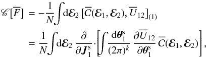 \appendix \setcounter{section}{2} \begin{eqnarray} \mathscr{C} \big[ \oF \big] & \, = &- \frac{1}{N} \!\! \int \!\! \rd \bR_{2} \, \big[ \oC(\bR_{1} , \bR_{2}) , \oU_{12} \big]_{(1)} \nonumber \\ & \, = &\frac{1}{N} \!\! \int \!\! \rd \bR_{2} \, \frac{\partial }{\partial \bm{J}_{1}^{\rm s}} \!\cdot\! \left[ \!\! \int \!\! \frac{\rd \bm{\theta}_{1}^{\rm s}}{(2 \pi)^{k}} \, \frac{\partial \oU_{12}}{\partial \bm{\theta}_{1}^{\rm s}} \, \oC (\bR_{1} , \bR_{2}) \right] , \label{definition_collision_operator} \end{eqnarray}