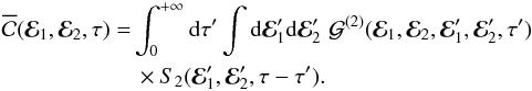 \appendix \setcounter{section}{2} \begin{eqnarray} \oC (\bR_{1} , \bR_{2} , \tau) &= & \int_{0}^{+ \infty} \rd \tau' \int \rd \bR_{1}' \rd \bR_{2}' \, \, \mathcal{G}^{(2)} (\bR_{1} , \bR_{2} , \bR_{1}' , \bR_{2}' , \tau') \nonumber \\ && \, \times S_{2} (\bR_{1}' , \bR_{2}' , \tau - \tau') . \label{generic_solution_C} \end{eqnarray}