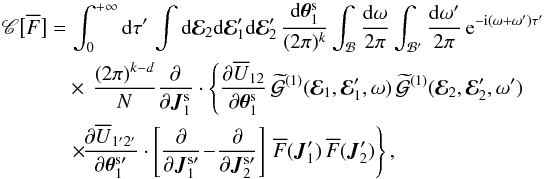 \appendix \setcounter{section}{2} \begin{eqnarray} \mathscr{C} \big[ \oF \big]& = & \, \int_{0}^{+ \infty} \rd \tau' \, \int \rd \bR_{2} \rd \bR_{1}' \rd \bR_{2}' \, \frac{\rd \bm{\theta}_{1}^{\rm s}}{(2 \pi)^{k}} \int_{\mathcal{B}} \frac{\rd \omega}{2 \pi} \int_{\mathcal{B}'} \frac{\rd \omega'}{2 \pi} \, \re^{- \ri (\omega + \omega') \tau'} \nonumber \\ && \times \, \frac{(2 \pi)^{k - d}}{N} \frac{\partial }{\partial \bm{J}_{1}^{\rm s}} \cdot \left\{ \frac{\partial \oU_{12}}{\partial \bm{\theta}_{1}^{\rm s}} \, \widetilde{\mathcal{G}}^{(1)} (\bR_{1} , \bR_{1}' , \omega) \, \widetilde{\mathcal{G}}^{(1)} (\bR_{2} , \bR_{2}' , \omega ') \nonumber \right.\\ &&\left. \times \! \frac{\partial \oU_{1'2'}}{\partial \bm{\theta}_{1}^{\rm s \prime}} \cdot \left[ \frac{\partial }{\partial \bm{J}_{1}^{\rm s \prime}} \!- \!\frac{\partial }{\partial \bm{J}_{2}^{\rm s \prime}} \right] \, \oF(\bm{J}_{1}') \, \oF (\bm{J}_{2} ') \right\} , \label{collision_operator_rewrite} \end{eqnarray}