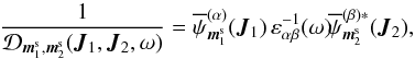 \appendix \setcounter{section}{2} \begin{equation} \frac{1}{\mathcal{D}_{\bm{m}_{1}^{\rm s} , \bm{m}_{2}^{\rm s}} (\bm{J}_{1} , \bm{J}_{2} , \omega)} = \opsi_{\bm{m}_{1}^{\rm s}}^{(\alpha)} (\bm{J}_{1}) \, \varepsilon_{\alpha \beta}^{-1} (\omega) \! \opsi_{\bm{m}_{2}^{\rm s}}^{(\beta) *} (\bm{J}_{2}) , \label{A_1/D_basis} \end{equation}