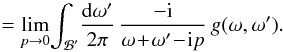 \appendix \setcounter{section}{2} \begin{equation} \eqref{shape_integral_tau_omega} = \lim\limits_{p \to 0} \! \int_{\mathcal{B}'} \! \frac{\rd \omega'}{2 \pi} \, \frac{- \ri}{\omega \!+\! \omega' \!-\! \ri p} \, g (\omega , \omega') . \label{shape_integral_tau_omega_2} \end{equation}