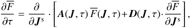 \appendix \setcounter{section}{3} \begin{equation} \frac{\partial \oF}{\partial \tau} = \frac{\partial }{\partial \bm{J}^{\rm s}} \cdot \left[ \bm{A} (\bm{J} , \tau) \, \oF (\bm{J} , \tau) \!+\! \bm{D} (\bm{J} , \tau) \!\cdot\! \frac{\partial \oF}{\partial \bm{J}^{\rm s}} \right] , \label{anistropic_FP} \end{equation}