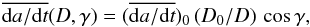 \begin{equation} \overline{{\rm d}a/{\rm d}t}(D,\gamma)=(\overline{{\rm d}a/{\rm d}t})_0\, (D_0/D)\,\cos \gamma, \label{eq:driftrate} \end{equation}