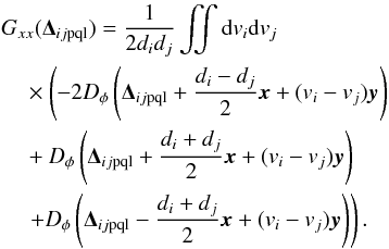 \appendix \setcounter{section}{1} \begin{eqnarray} \label{E:Gxx} \begin{aligned} & \gxx(\Dijpql) = \dfrac{1}{2d_id_j} \iint{\rm d}v_i{\rm d}v_j\\ &\quad\times \left(-2\Dphi{ \Dijpql + \dfrac{d_i-d_j}{2} {\vec x} + (v_i -v_j){\vec y} }\right.\\ &\quad +\Dphi{\Dijpql+ \dfrac{d_i+d_j}{2}{\vec x}+ (v_i -v_j){\vec y} } \\ &\quad \left.+ \Dphi{ \Dijpql - \dfrac{d_i+d_j}{2}{\vec x} + (v_i - v_j){\vec y} } \right) . \end{aligned} \end{eqnarray}