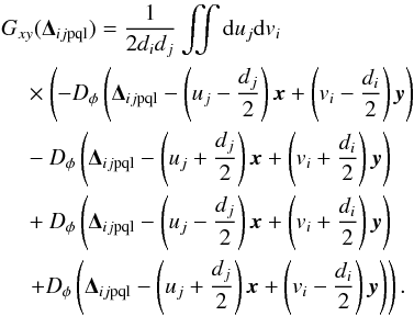\appendix \setcounter{section}{1} \begin{eqnarray} \label{E:Gxy} \begin{aligned} &\gxy(\Dijpql)=\frac{1}{2d_id_j} \iint {\rm d}u_j {\rm d}v_i\\ &\quad\times \left(-\Dphi{ \Dijpql - \para{u_j-\dfrac{d_j}{2}}{\vec x} + \para{v_i-\dfrac{d_i}{2}}{\vec y} }\right.\\ &\quad- \Dphi{ \Dijpql -\para{u_j+\dfrac{d_j}{2}}{\vec x} + \para{v_i+\dfrac{d_i}{2}}{\vec y} } \\ &\quad+\Dphi{ \Dijpql - \para{u_j-\dfrac{d_j}{2}}{\vec x} + \para{v_i+\dfrac{d_i}{2}}{\vec y}}\\ &\quad\left.+\Dphi{ \Dijpql -\para{u_j+\dfrac{d_j}{2}}{\vec x} + \para{v_i-\dfrac{d_i}{2}}{\vec y}} \right) . \end{aligned} \end{eqnarray}