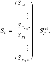 \begin{eqnarray} \label{E:sp} \s_p = \left( \begin{aligned} &S_{x_1}\\ & \hspace{.5cm} \vdots\\ &S_{x_{\ns/2}}\\ \end{aligned} \right) - \s^\text{ref}_p, \end{eqnarray}