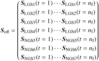 \begin{eqnarray} \sa = \left( \begin{aligned} &\s_\text{LGS1} (t=1) \cdots \s_\text{LGS1} (t=\Nf) \\ &\s_\text{LGS2}(t=1) \cdots \s_\text{LGS2} (t=\Nf)\\ &\s_\text{LGS3}(t=1) \cdots \s_\text{LGS3} (t=\Nf)\\ &\s_\text{LGS4}(t=1) \cdots \s_\text{LGS4} (t=\Nf) \end{aligned} \right) \end{eqnarray}