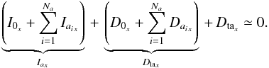 \begin{equation} \label{bilan_glob_multish} \underbrace{\left(I_{0_x}+\sum_{i=1}^{N_a} {I}_{{a_i}_x}\right)}_{I_{a_x}}\,+\,\underbrace{\left(D_{0_x}+\sum_{i=1}^{N_a} {D}_{{a_i}_x}\right)}_{D_{{\rm la}_x}}\,+\,D_{{\rm ta}_x} \simeq 0. \end{equation}