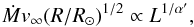 \begin{equation} \dot{M}v_{\infty} (R/R_{\odot})^{1/2} \propto L^{1/\alpha'}, \end{equation}