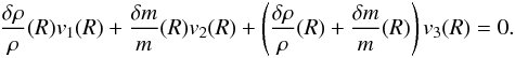 \begin{eqnarray} \frac{\delta \rho}{\rho}(R)v_{1}(R)+\frac{\delta m}{m}(R)v_{2}(R)+\left(\frac{\delta \rho}{\rho}(R)+\frac{\delta m}{m}(R)\right)v_{3}(R)=0. \label{EqBoundSurf} \end{eqnarray}
