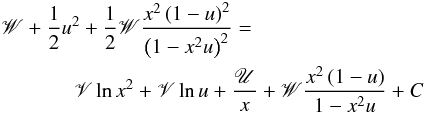 \appendix \setcounter{section}{1} \begin{eqnarray} \label{eqn:dVrdrInted} &&\mathscr{W} + \frac{1}{2} u^2 + \frac{1}{2} \mathscr{W} \frac{x^2 \left( 1 - u \right)^2}{\left( 1 - x^2 u \right)^2} = \nonumber\\ &&~~~~~~~~~~~~~~\mathscr{V} \ln{x^2} + \mathscr{V} \ln{u} + \frac{\mathscr{U}}{x} + \mathscr{W} \frac{x^2 \left( 1 - u \right)}{1-x^2 u} + C \end{eqnarray}