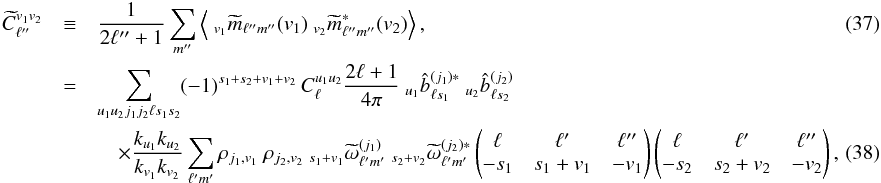 \begin{eqnarray} \pC^{v_1v_2}_{\ell''} &\equiv& \frac{1}{2\ell''+1}\sum_{m''} \VEV{\ _{v_1} \tm_{\ell''m''}(v_1) \ _{v_2} \tm^*_{\ell''m''}(v_2)}, ~~~~~~~~~~~~~~~~~~~~~~~~~~~~~~~~~~~~~~~~~~~~~~~~~~~~~~~~~~~~~~~~~~~~~~~~~~~~~~~~~~~~~~~\\ &=& \sum_{u_1u_2 j_1 j_2 \ell s_1s_2} (-1)^{s_1+s_2+v_1+v_2} \, C^{u_1u_2}_{\ell} \frac{2\ell+1}{4\pi} \ _{u_1} \hatb^{(j_1)*}_{\ell s_1} \ _{u_2} \hatb^{(j_2)}_{\ell s_2} \nonumber \\ &&\quad \times \frac{k_{u_1}k_{u_2}}{k_{v_1}k_{v_2}} \sum_{\ell'm'} \cpem{j_1,v_1}\ \cpem{j_2,v_2} \ {}_{s_1+v_1}\tomega^{(j_1)}_{\ell'm'} \ {}_{s_2+v_2}\tomega^{(j_2)*}_{\ell'm'} \wjjj{\ell}{\ell'}{\ell''}{-s_1}{s_1+v_1}{-v_1} \wjjj{\ell}{\ell'}{\ell''}{-s_2}{s_2+v_2}{-v_2} , \label{eq:crossCl_general} \end{eqnarray}