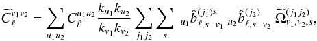 \begin{eqnarray} \pC^{v_1v_2}_{\ell} = \sum_{u_1u_2} C^{u_1u_2}_{\ell} \frac{k_{u_1}k_{u_2}}{k_{v_1}k_{v_2}} \sum_{j_1 j_2} \sum_s \ _{u_1} \hatb^{(j_1)*}_{\ell,s-v_1} \ _{u_2} \hatb^{(j_2) }_{\ell,s-v_2} \ {\tOmega}^{(j_1j_2)}_{v_1,v_2,s}, \label{eq:cl_arbitrary} \end{eqnarray}